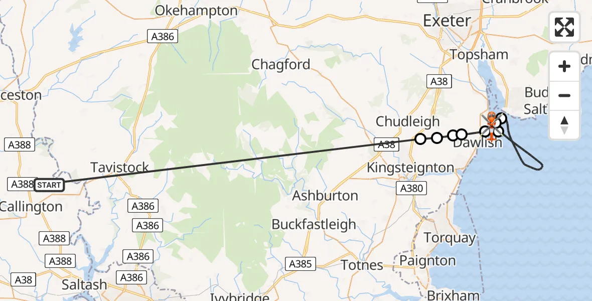 Flight path map showing Coastguard Helicopter route from Stokeclimsland to Dawlish Warren