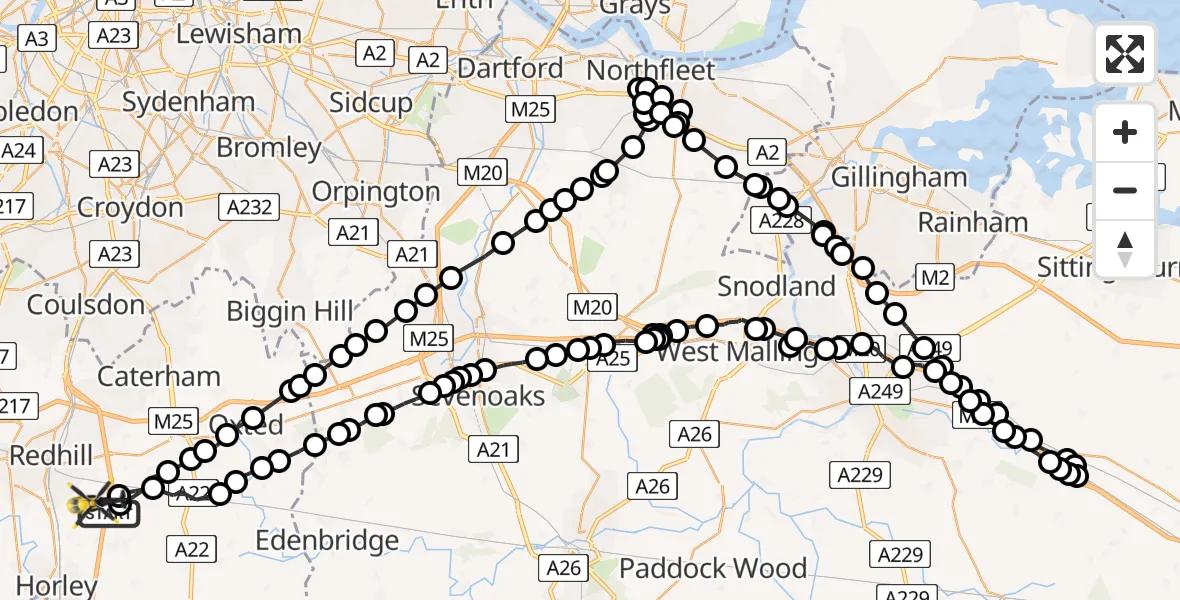 Flight path map showing Police Helicopter route from South Nutfield to South Nutfield