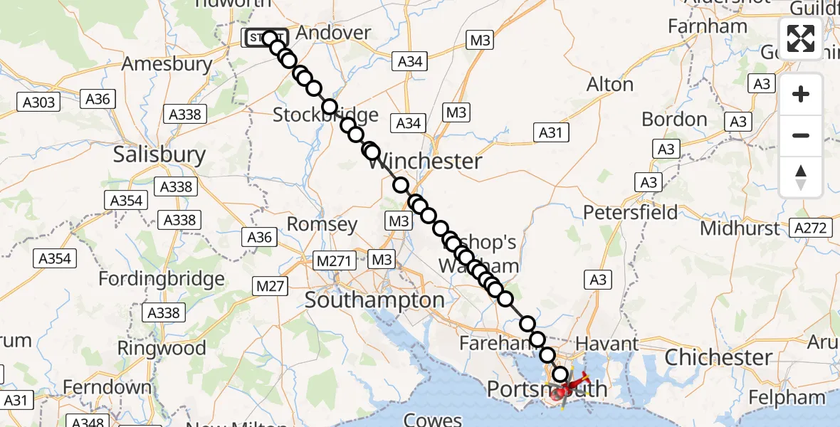 Flight path map showing Air Ambulance Helicopter route from Thruxton Aerodrome to Portsmouth