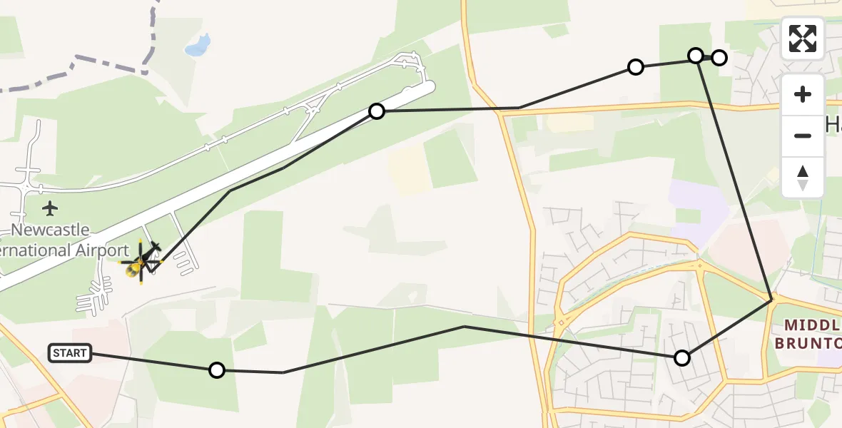 Flight path map showing Police Helicopter route from Newcastle International Airport to Newcastle International Airport