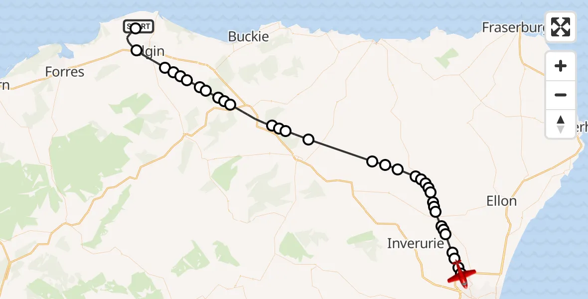 Flight path map showing Air Ambulance Aircraft route from RAF Lossiemouth to Aberdeen City