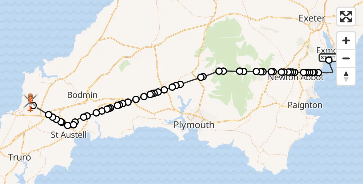 Flight path map showing Coastguard Helicopter route from Dawlish Warren to Cornwall Airport Newquay