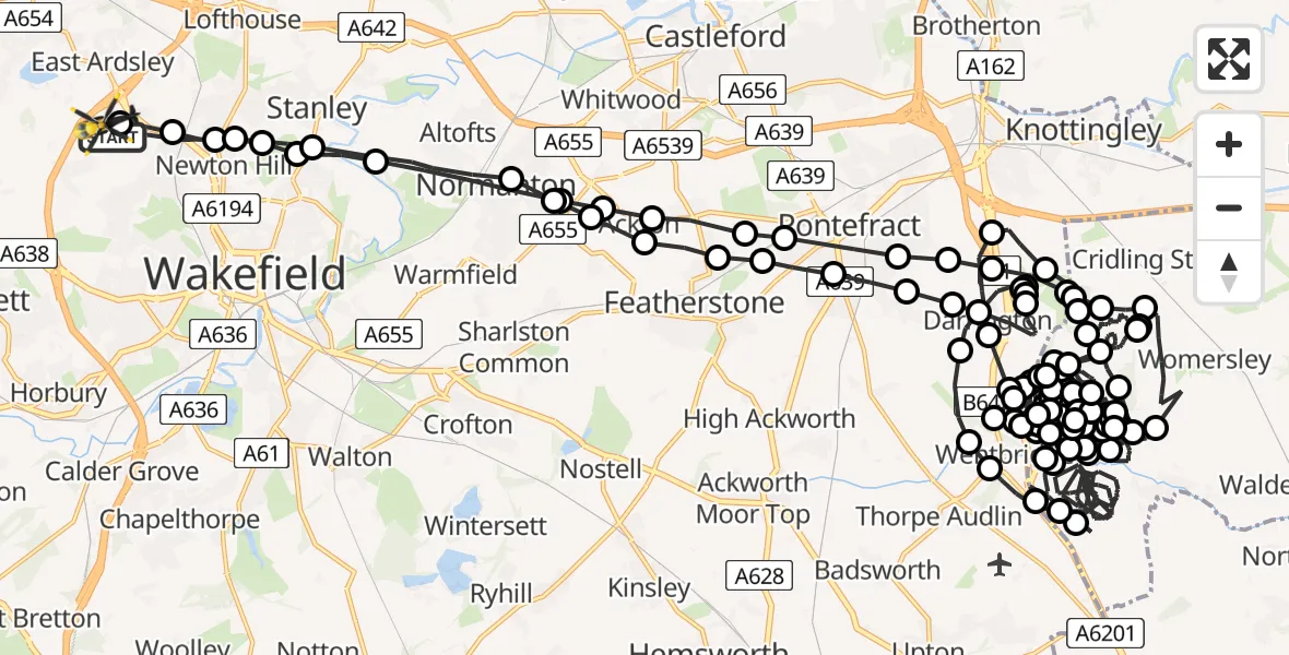Flight path map showing Police Helicopter route from Wrenthorpe to East Ardsley