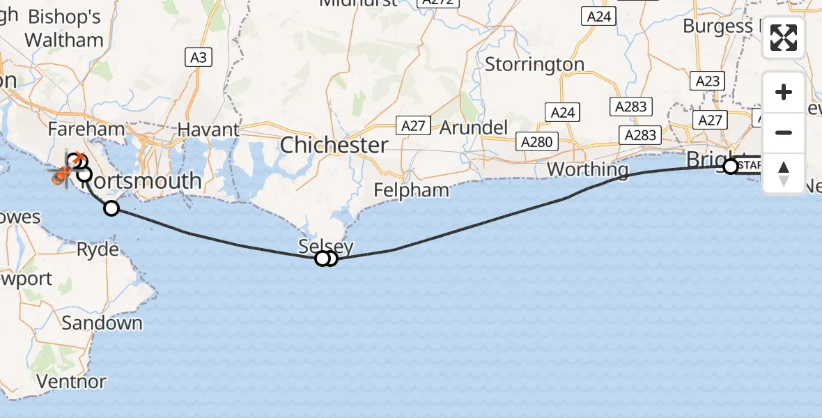 Flight path map showing Coastguard Helicopter route from Brighton to Solent Airport