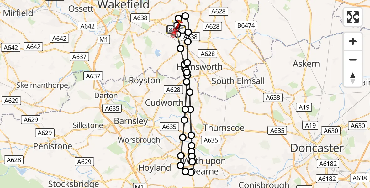 Flight path map showing Air Ambulance Helicopter route from YAA Nostell Helicopter Port to YAA Nostell Helicopter Port