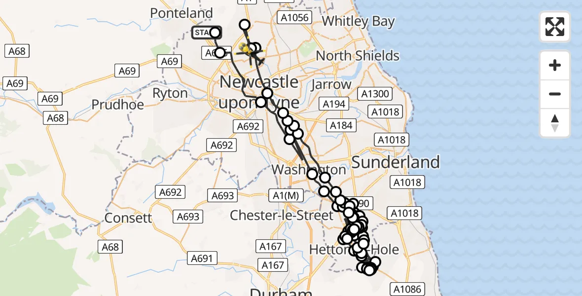 Flight path map showing Police Helicopter route from Newcastle International Airport to Newcastle upon Tyne