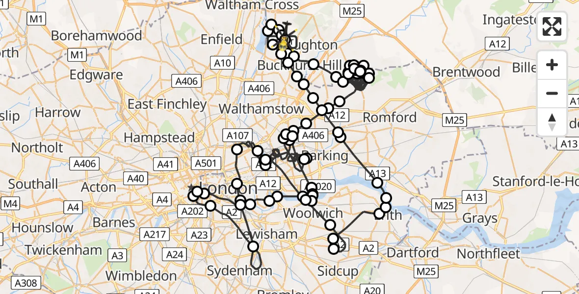 Flight path map showing Police Helicopter route from Metropolitan Police Air Support Unit Lippitts Hill to Sewardstonebury