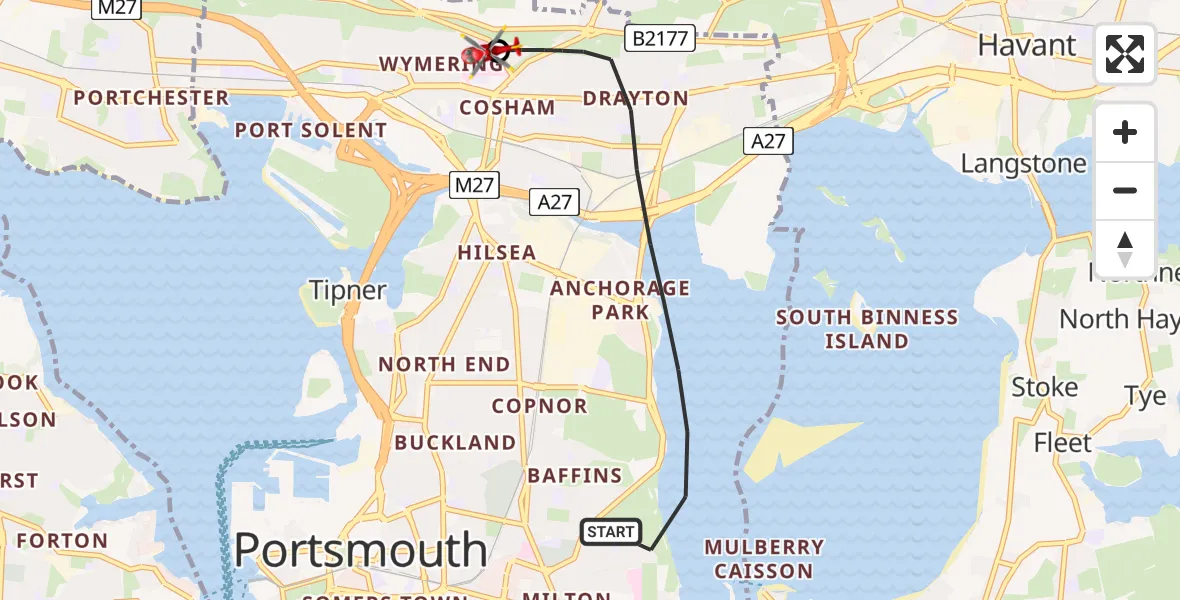 Flight path map showing Air Ambulance Helicopter route from Portsmouth to Queen Alexandra Hospital
