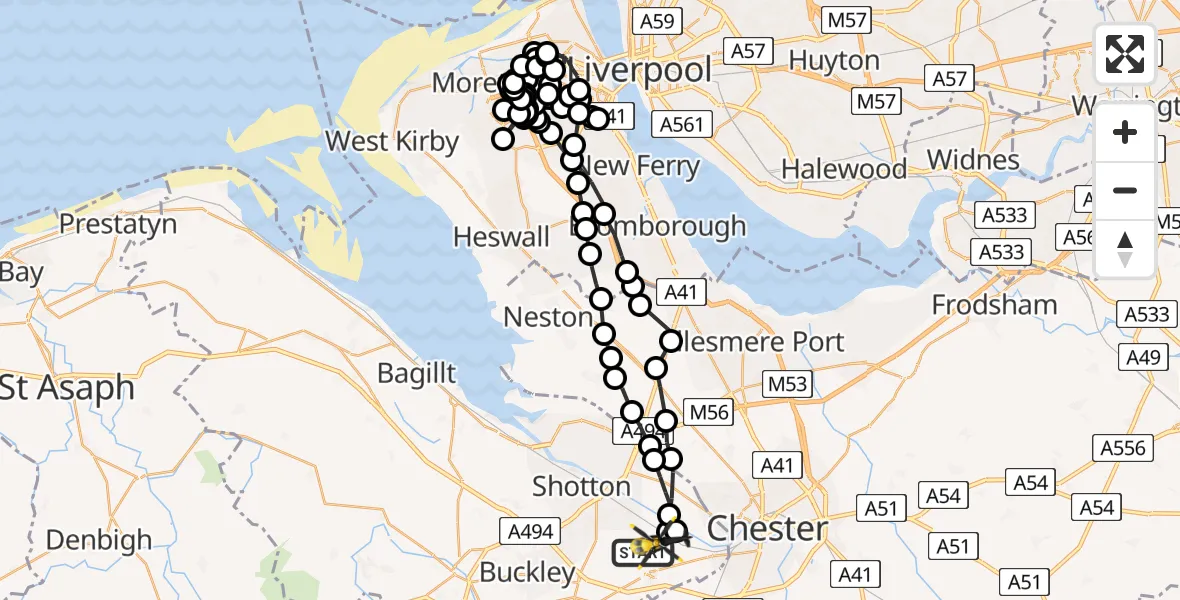 Flight path map showing Police Helicopter route from Hawarden Airport to Hawarden Airport