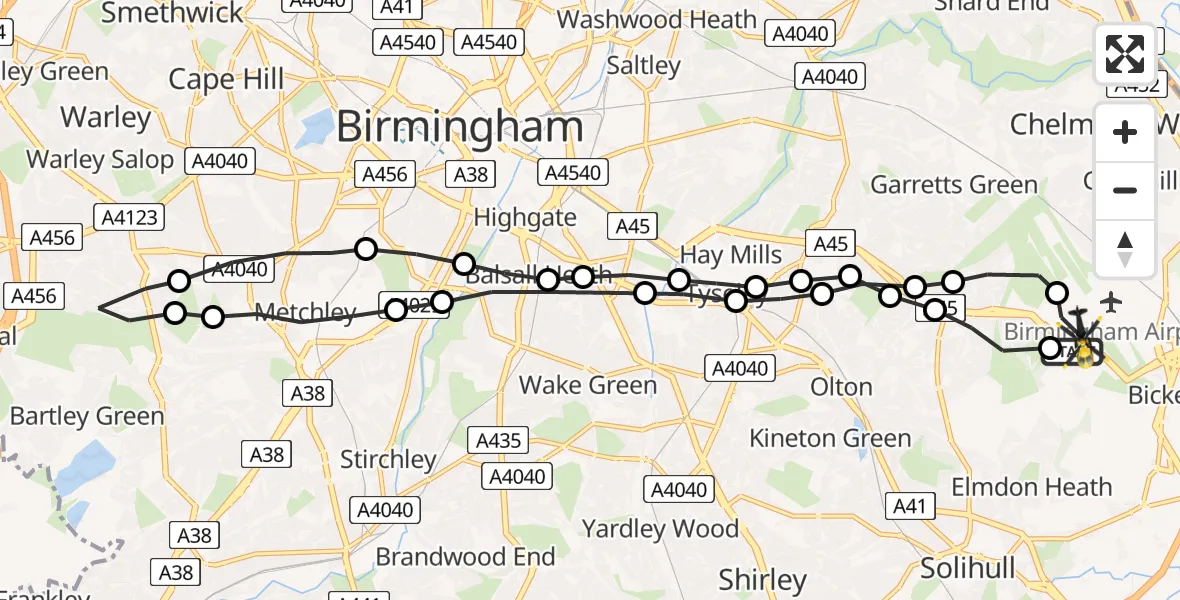 Flight path map showing Police Helicopter route from Birmingham Airport to Bickenhill