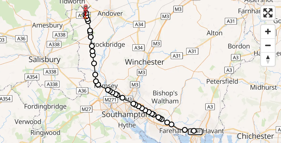 Flight path map showing Air Ambulance Helicopter route from Queen Alexandra Hospital to Thruxton Aerodrome