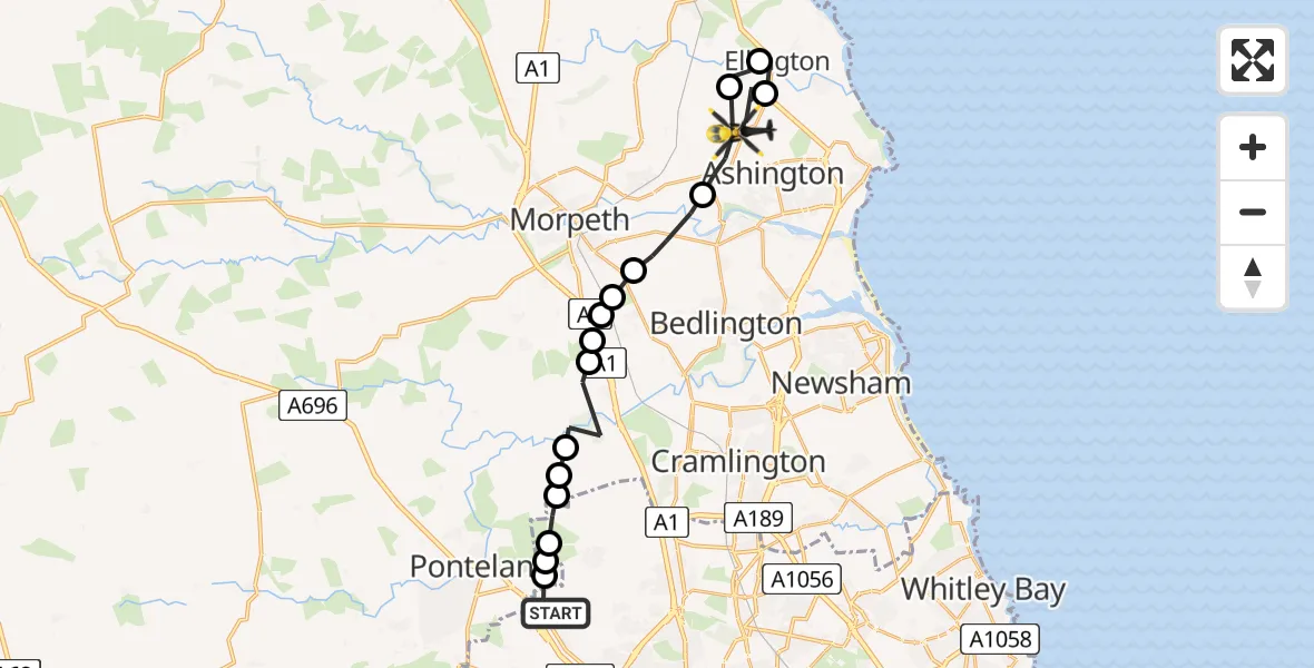 Flight path map showing Police Helicopter route from Newcastle International Airport to Ashington