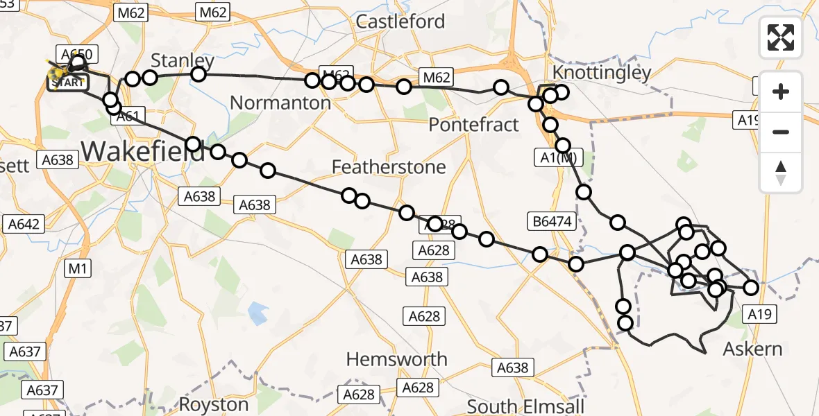 Flight path map showing Police Helicopter route from Wrenthorpe to East Ardsley