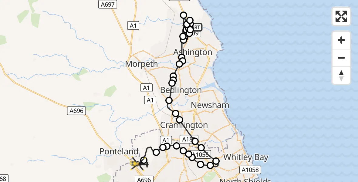 Flight path map showing Police Helicopter route from Ellington to Newcastle International Airport