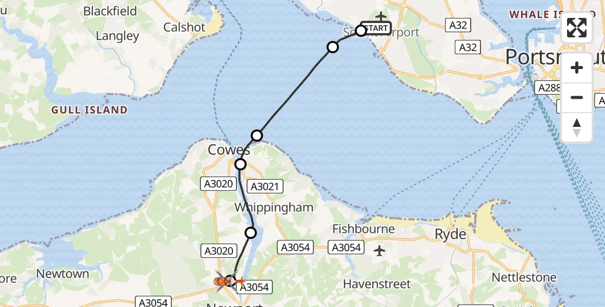 Flight path map showing Coastguard Helicopter route from Solent Airport to St Marys Hospital Isle Of Wight