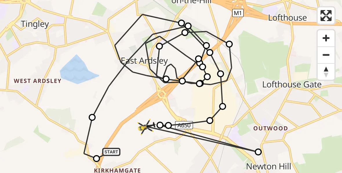 Flight path map showing Police Helicopter route from East Ardsley to East Ardsley