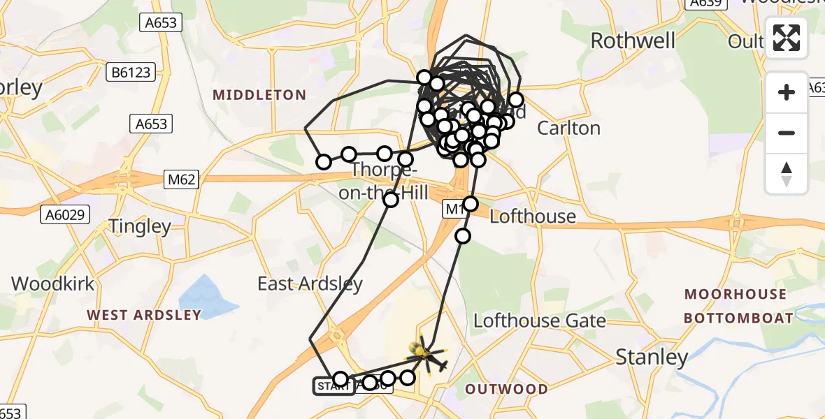 Flight path map showing Police Helicopter route from East Ardsley to Newton Hill