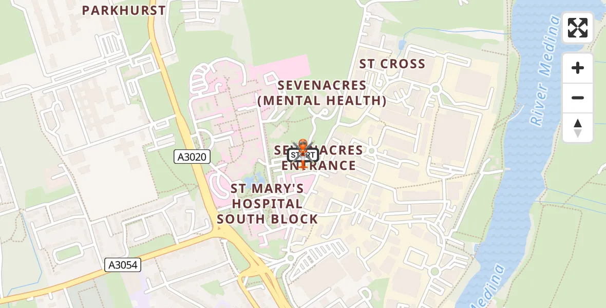 Flight path map showing Coastguard Helicopter route from St Marys Hospital Isle Of Wight to St Marys Hospital Isle Of Wight