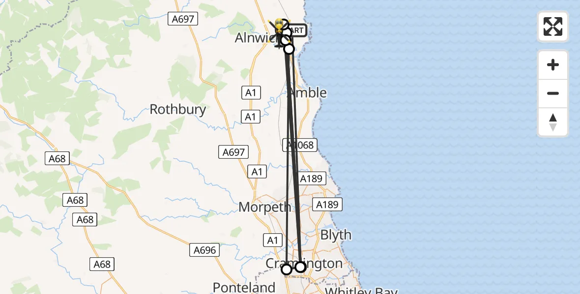 Flight path map showing Police Helicopter route from Longhoughton to Lesbury