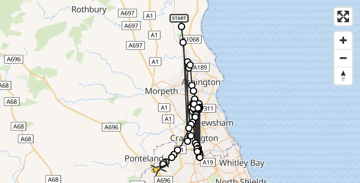 Flight path map showing Police Helicopter route from RFCS Southfields / RAF Acklington to Newcastle International Airport