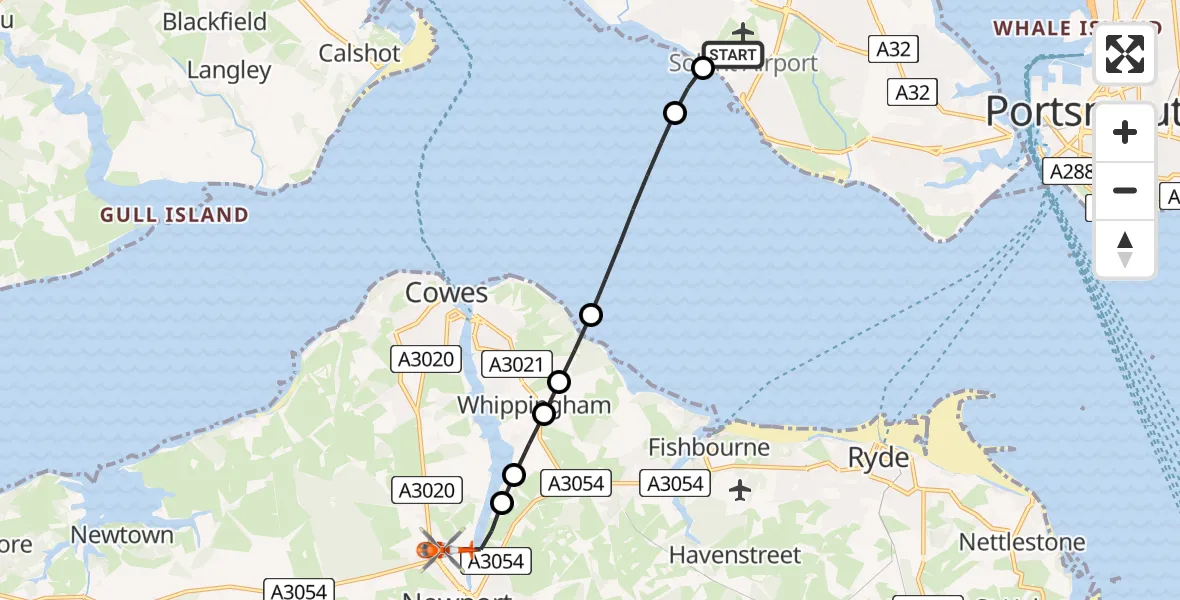 Flight path map showing Coastguard Helicopter route from Solent Airport to St Marys Hospital Isle Of Wight