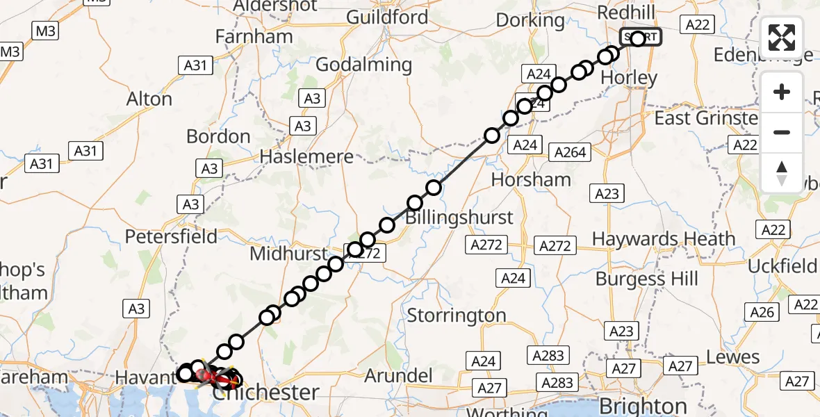 Flight path map showing Air Ambulance Helicopter route from Redhill Aerodrome to Westbourne
