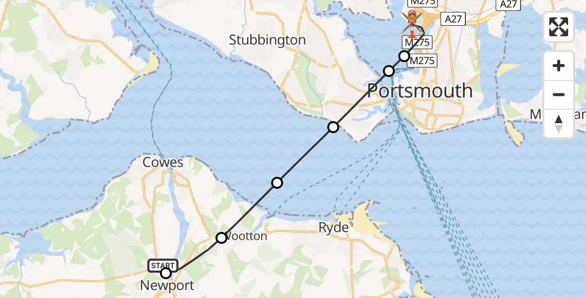 Flight path map showing Coastguard Helicopter route from St Marys Hospital Isle Of Wight to Tipner