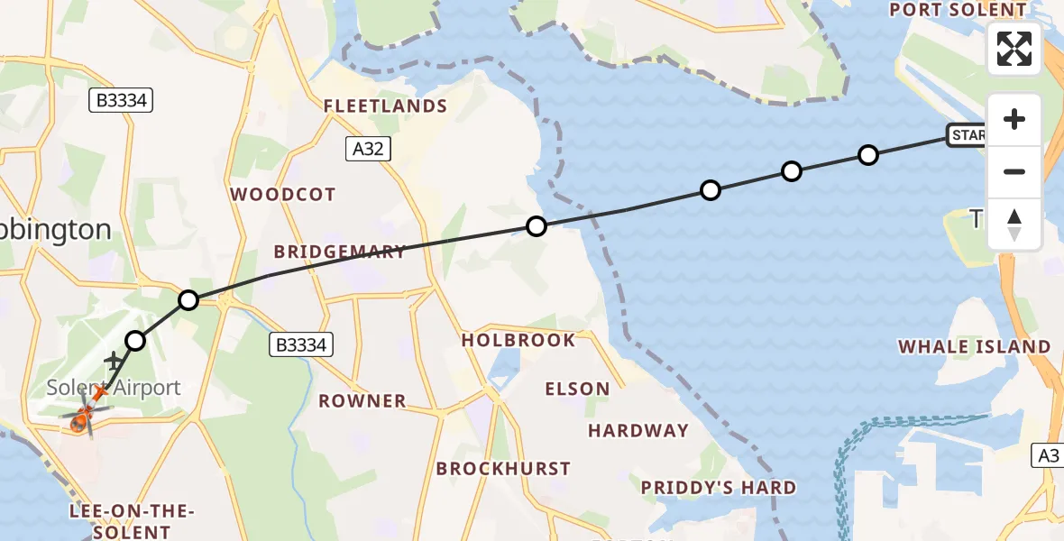 Flight path map showing Coastguard Helicopter route from Tipner to Solent Airport