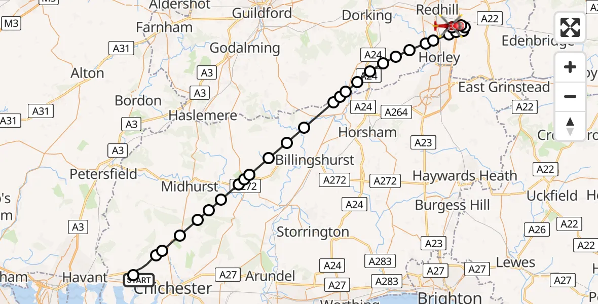 Flight path map showing Air Ambulance Helicopter route from Westbourne to Redhill Aerodrome