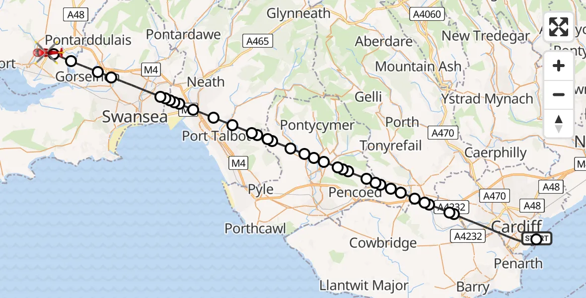Flight path map showing Air Ambulance Helicopter route from Cardiff Heliport to Dafen