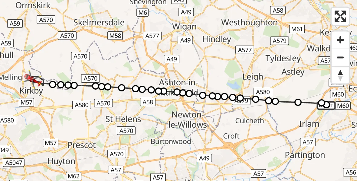 Flight path map showing Air Ambulance Helicopter route from Manchester Barton Aerodrome to Knowsley