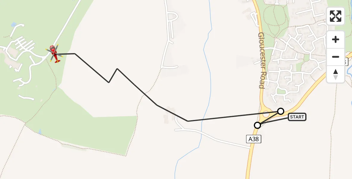 Flight path map showing Air Ambulance Helicopter route from Tewkesbury to Tewkesbury