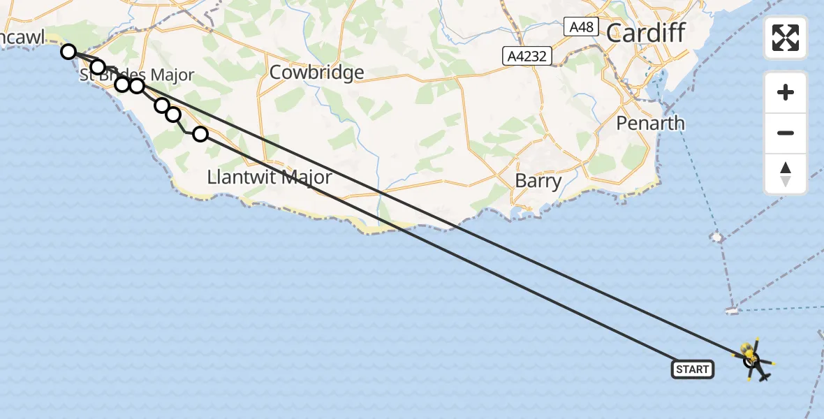 Flight path map showing Police Helicopter route from Bristol Channel to Bristol Channel