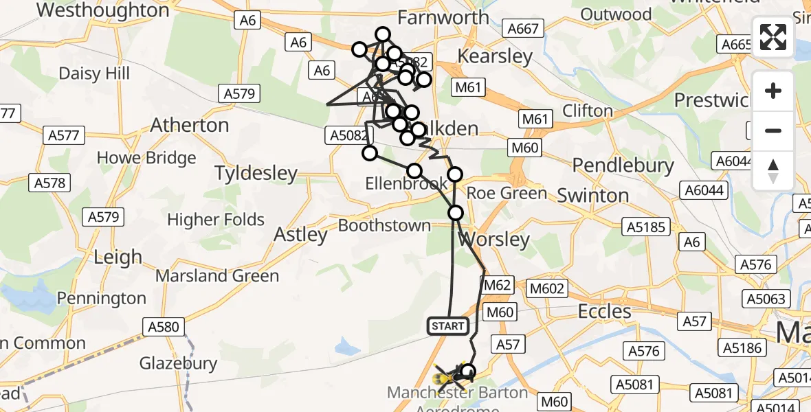 Flight path map showing Police Helicopter route from Worsley to Manchester Barton Aerodrome