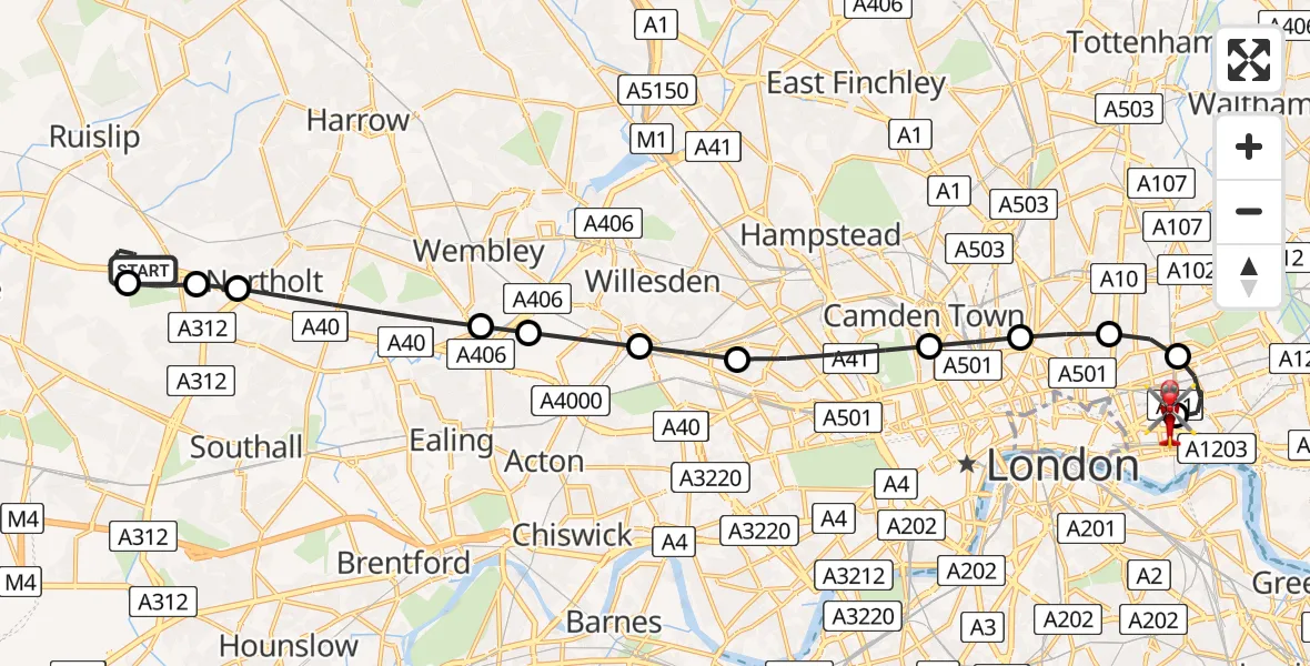 Flight path map showing Air Ambulance Helicopter route from RAF Northolt to Royal London Hospital