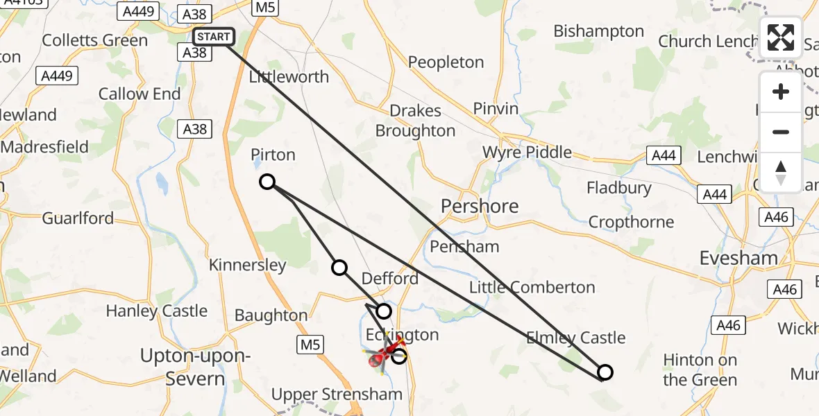 Flight path map showing Air Ambulance Helicopter route from Kempsey to Eckington