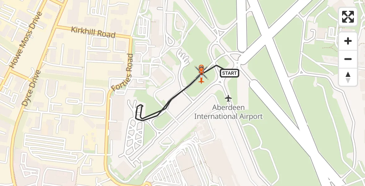 Flight path map showing Coastguard Helicopter route from Aberdeen International Airport to Aberdeen International Airport