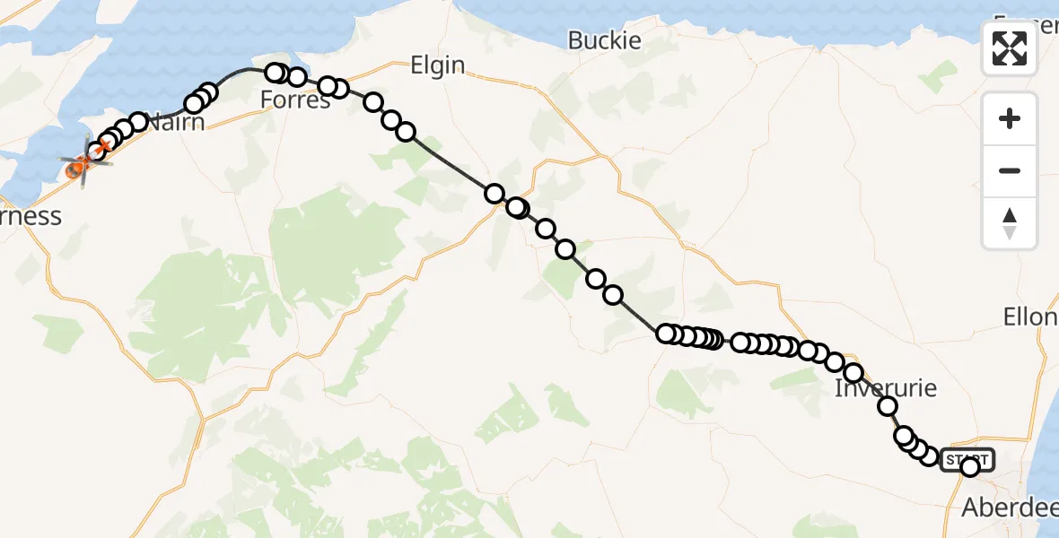 Flight path map showing Coastguard Helicopter route from Aberdeen International Airport to Inverness Airport