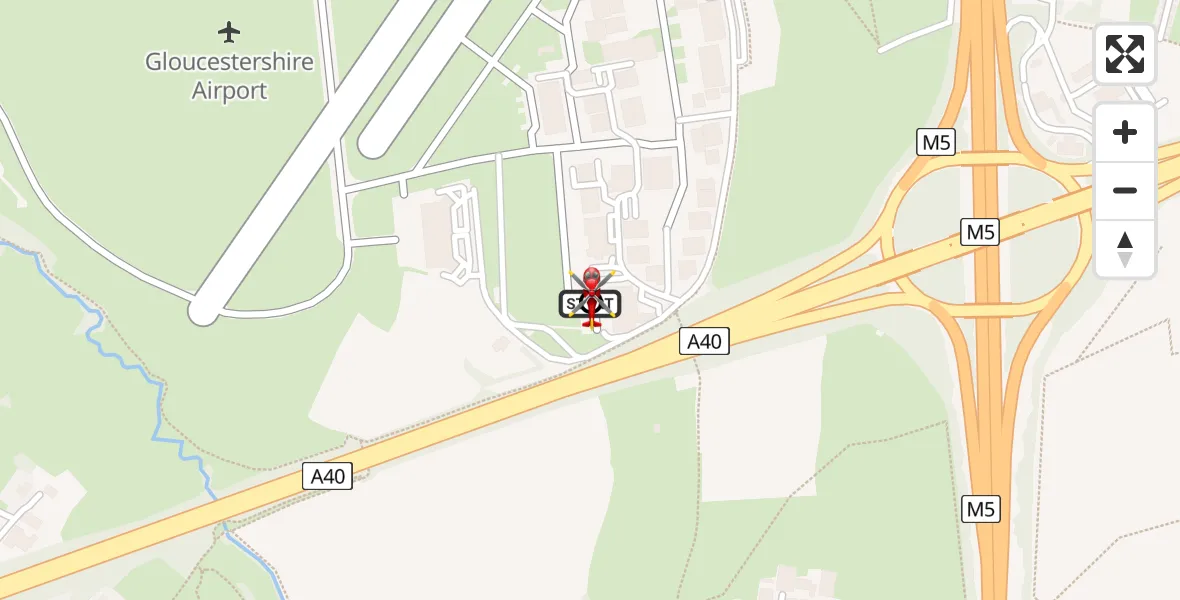 Flight path map showing Air Ambulance Helicopter route from Gloucestershire Airport to Churchdown