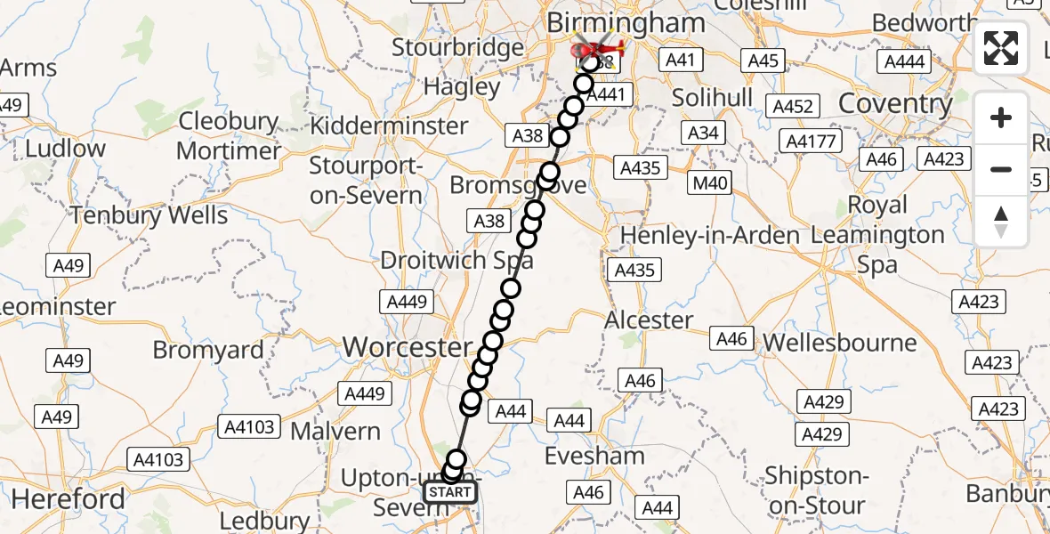 Flight path map showing Air Ambulance Helicopter route from Hill Croome to Metchley