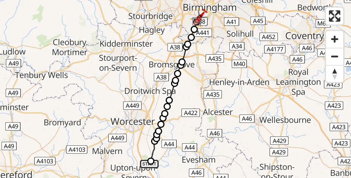 Flight path map showing Air Ambulance Helicopter route from Defford to Metchley