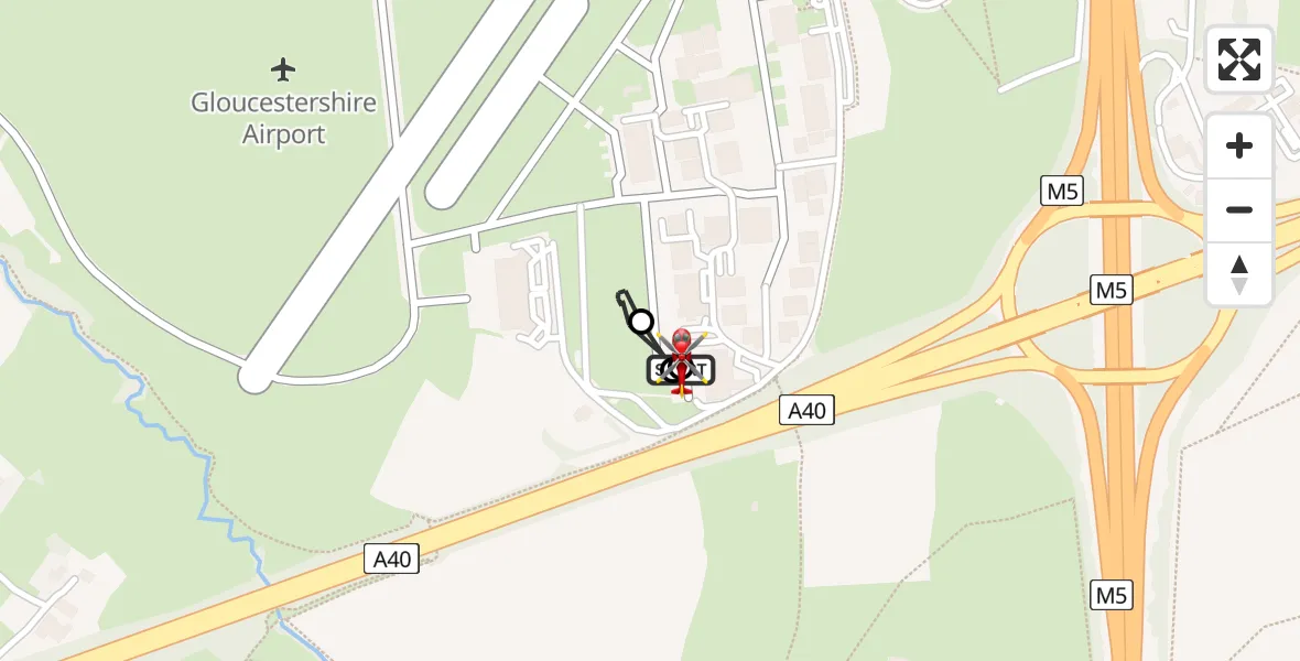 Flight path map showing Air Ambulance Helicopter route from Gloucestershire Airport to Churchdown