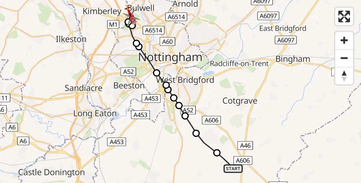 Flight path map showing Air Ambulance Helicopter route from Widmerpool to Nuthall
