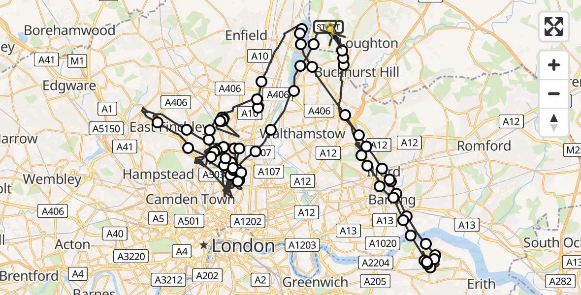 Flight path map showing Police Helicopter route from Sewardstonebury to Sewardstonebury