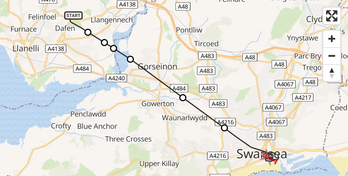 Flight path map showing Air Ambulance Helicopter route from Dafen to Swansea