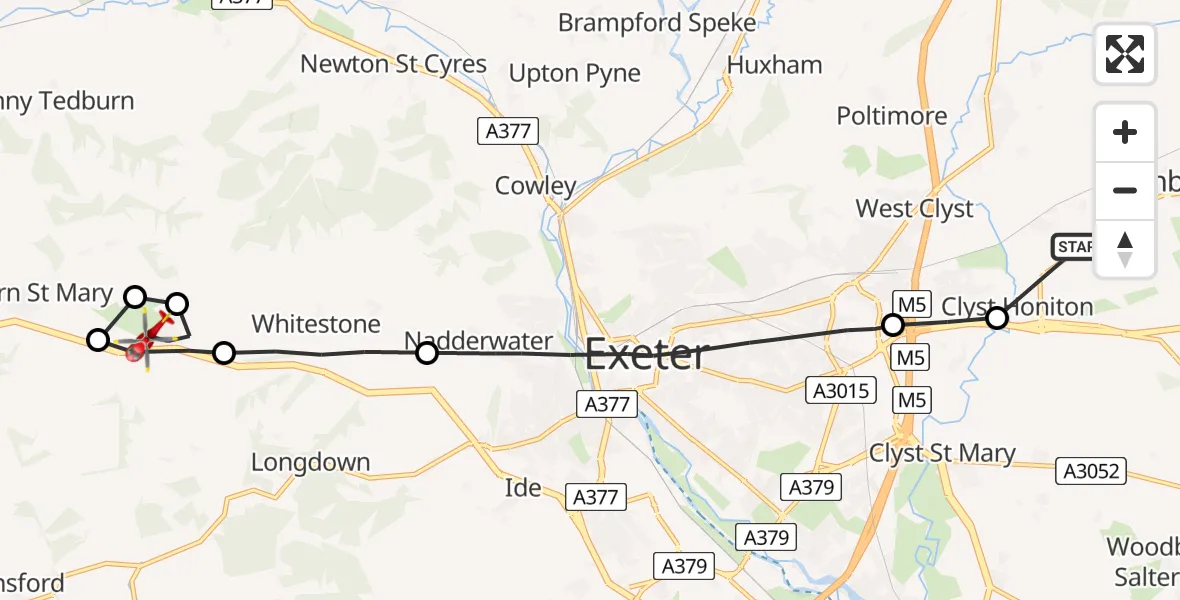 Flight path map showing Air Ambulance Helicopter route from Exeter International Airport to Pathfinder Village