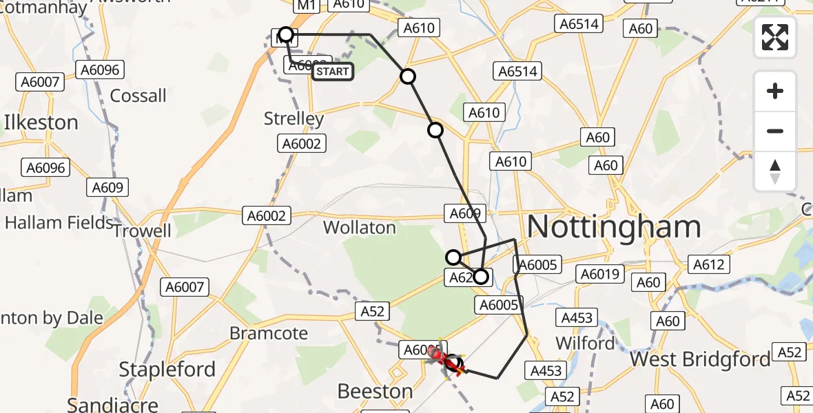Flight path map showing Air Ambulance Helicopter route from Bulwell to Beeston