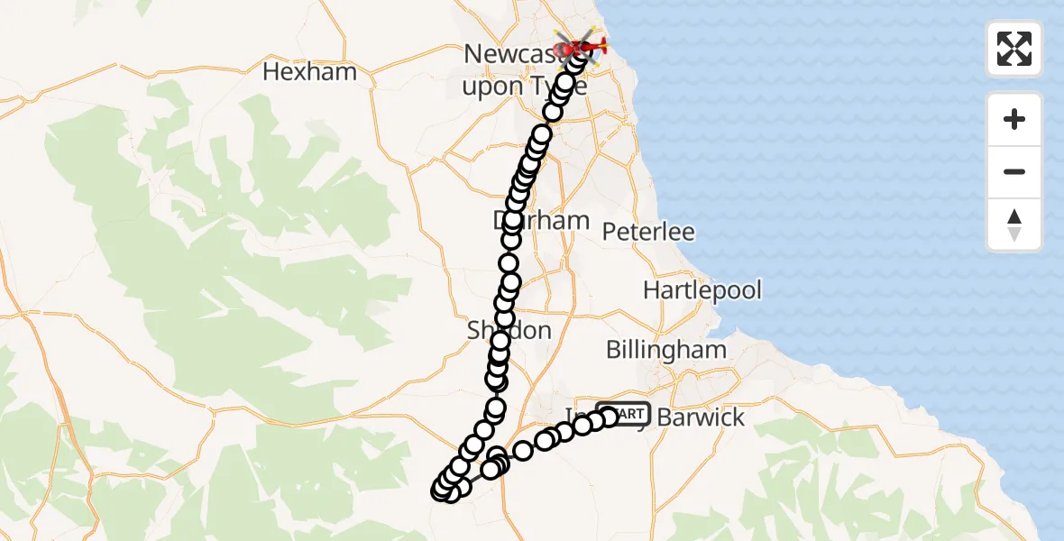 Flight path map showing Air Ambulance Helicopter route from Longnewton to North Shields