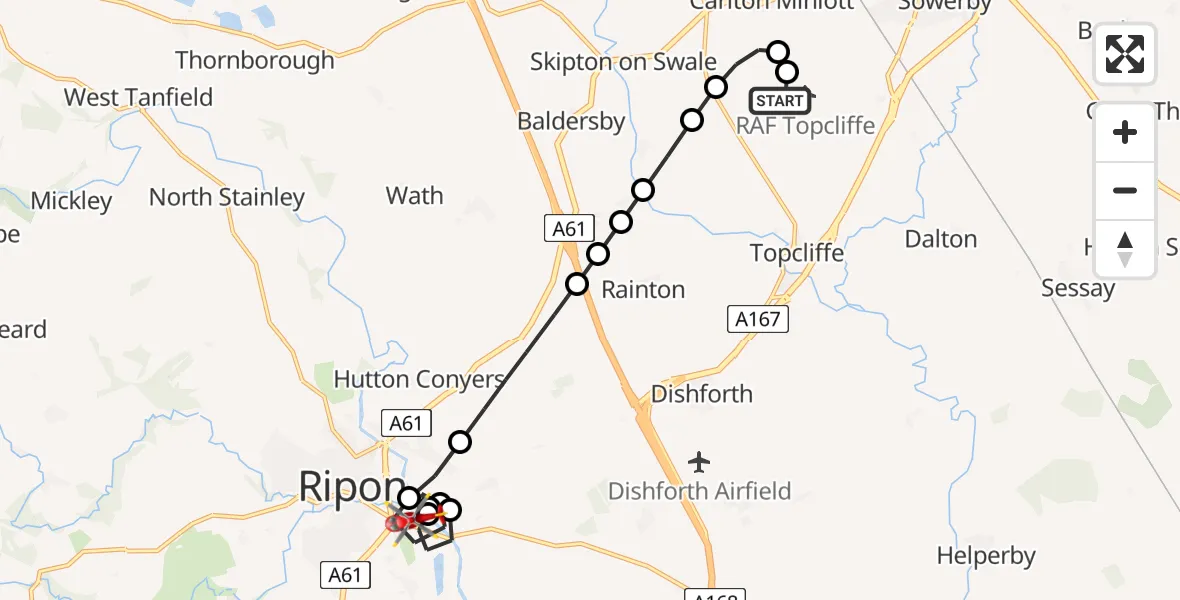 Flight path map showing Air Ambulance Helicopter route from RAF Topcliffe to Ripon