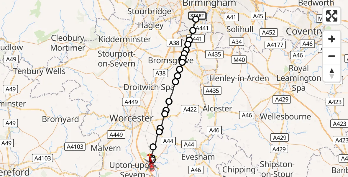 Flight path map showing Air Ambulance Helicopter route from Metchley to Defford
